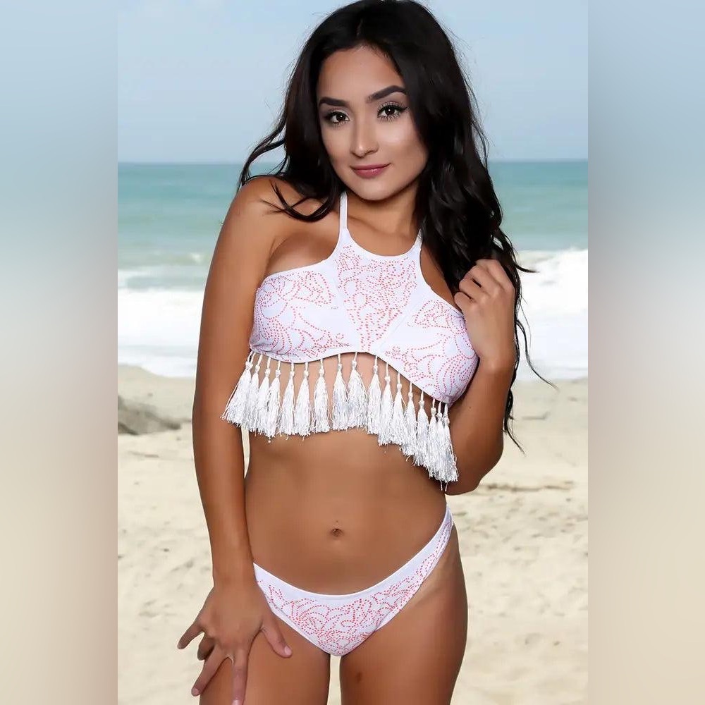 White and Orange Printed Tassel Fringe Bikini